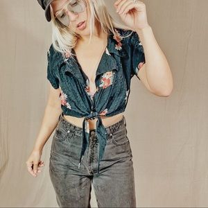 Vintage Black Floral Button Down Crop Top